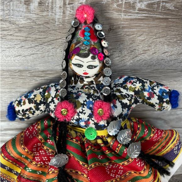 Handmade Fabric Folk Doll with Sequin Trim + Colorful Traditional Dress - Picture 2 of 6